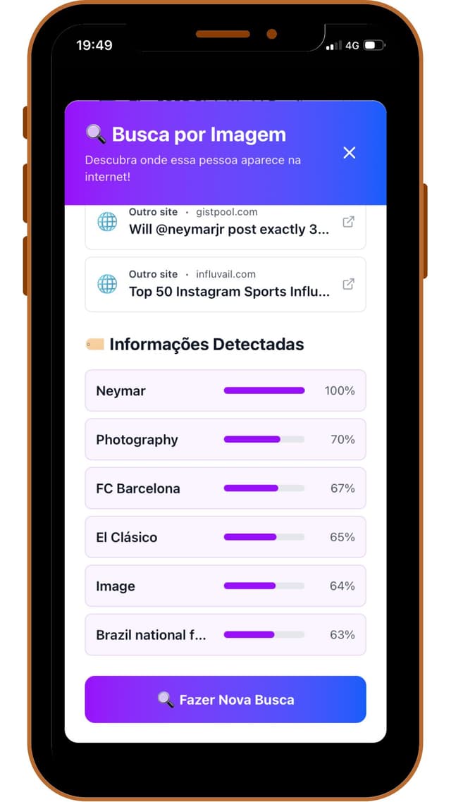 Informações Detectadas com porcentagem: Neymar 100%, FC Barcelona 67%, Brazil national 63%