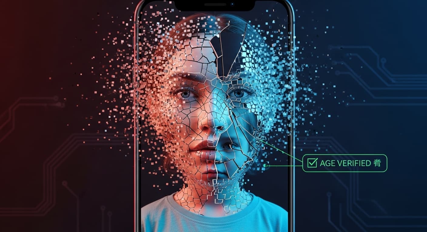 Rosto deepfake derretendo em estilo Salvador Dalí revelando uma criança por trás — ilustração do risco de verificação de idade por IA na Lei FELCA