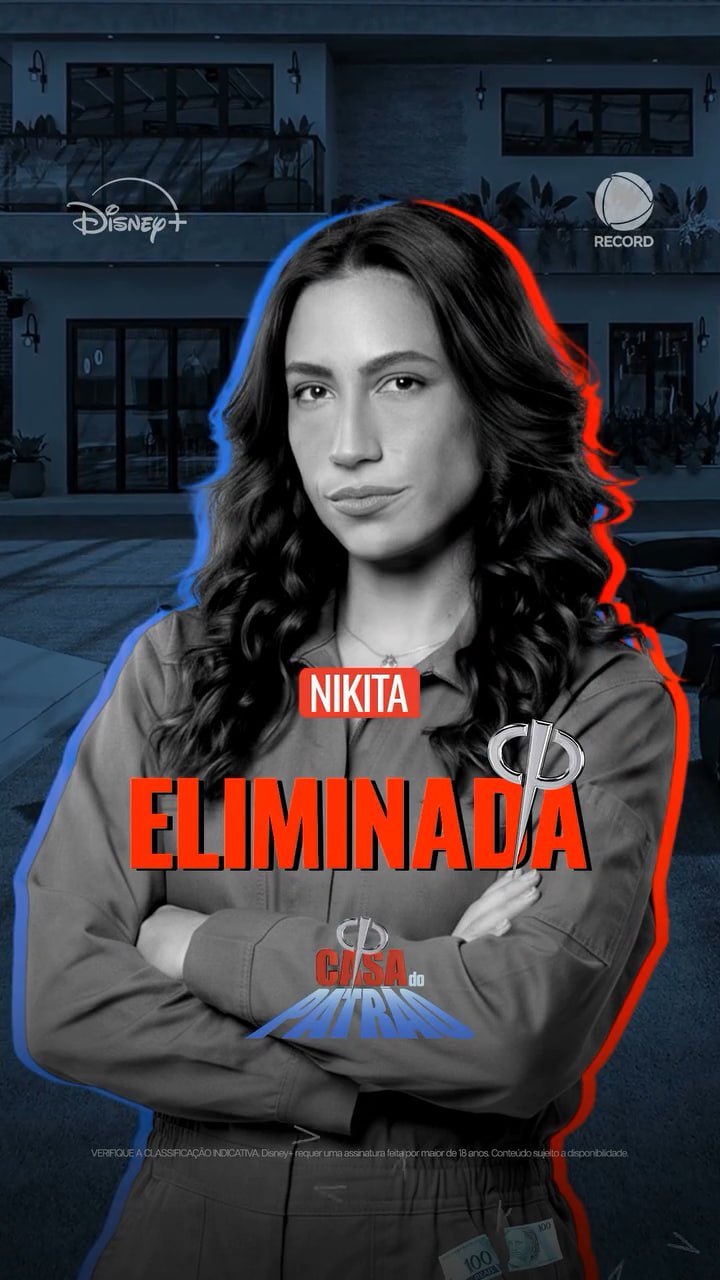 Card oficial Casa do Patrão — Nikita eliminada com 12,30% dos votos (Record/Disney+)