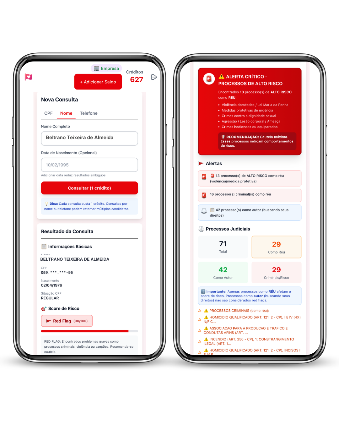 Mockup do FlagCheck Empresa mostrando consulta de background check com score de risco Red Flag e alertas de processos criminais